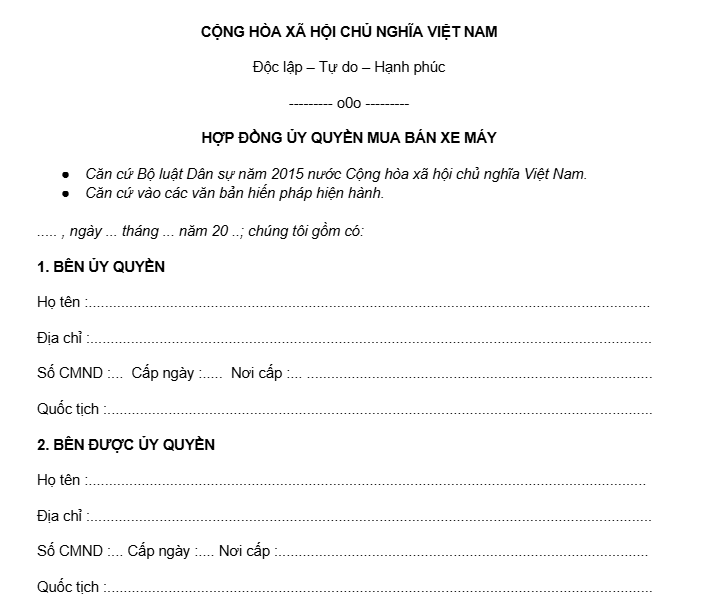 Hợp đồng ủy quyền xe máy
