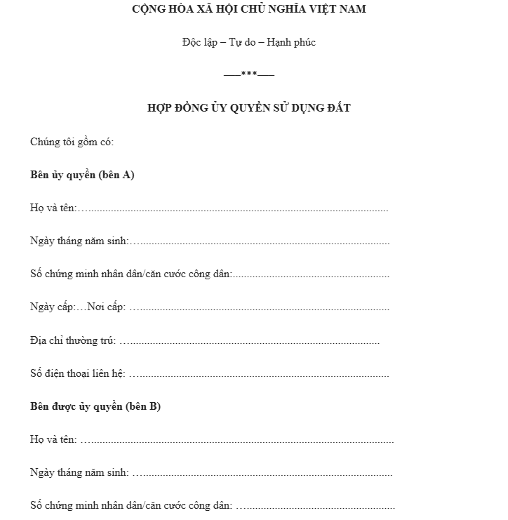 hợp đồng ủy quyền sử dụng đất