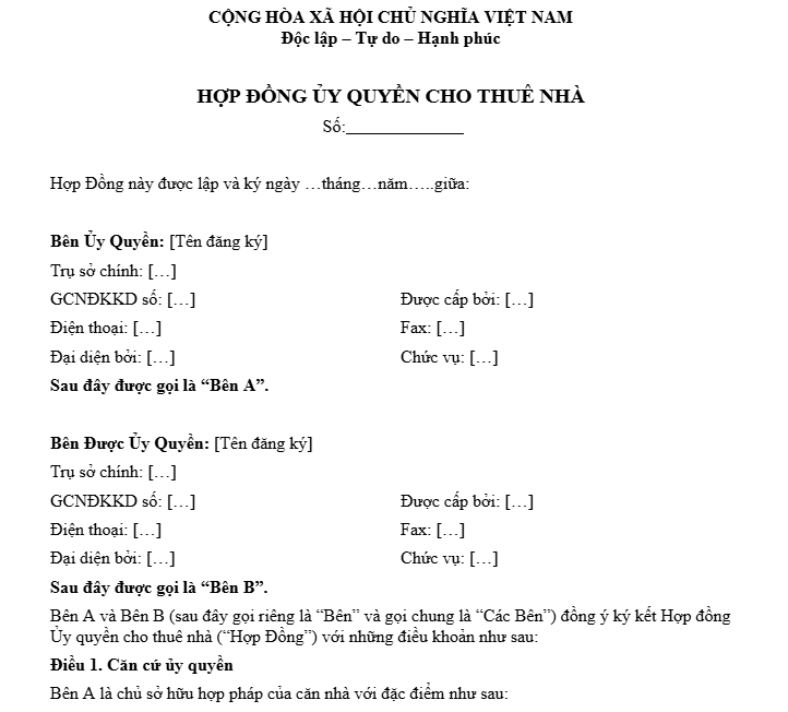 hợp đồng ủy quyền cho thuê nhà