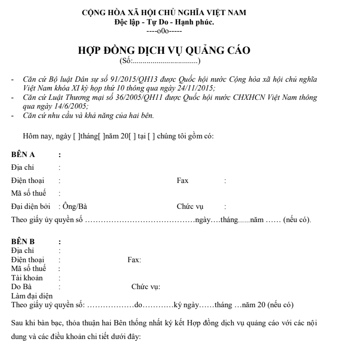 hợp đồng dịch vụ quảng cáo