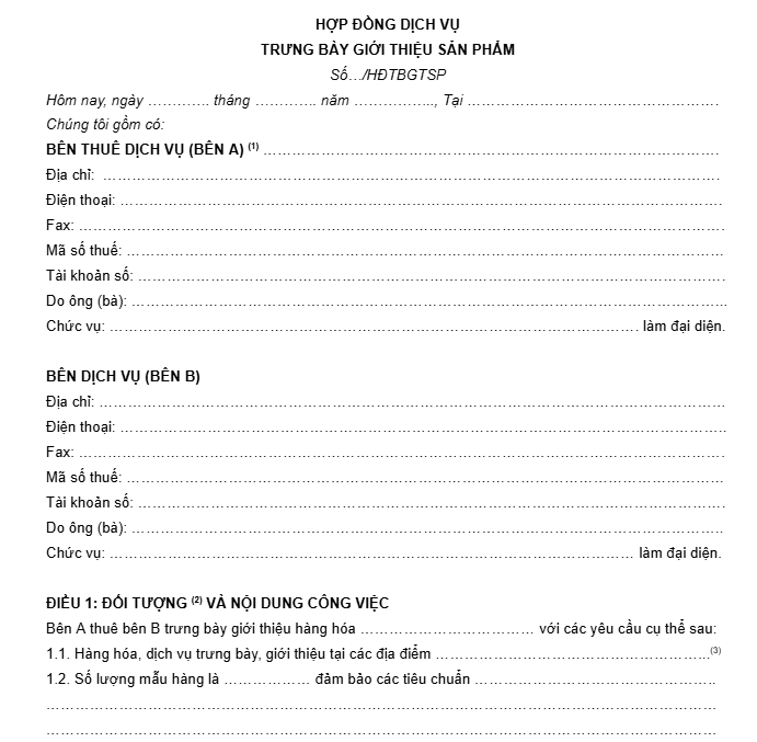hợp đồng dịch vụ trưng bày giới thiệu sản phẩm