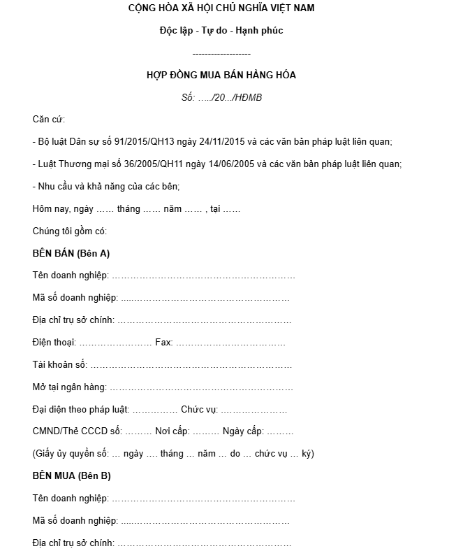 hợp đồng mua bán hàng hóa trong nước
