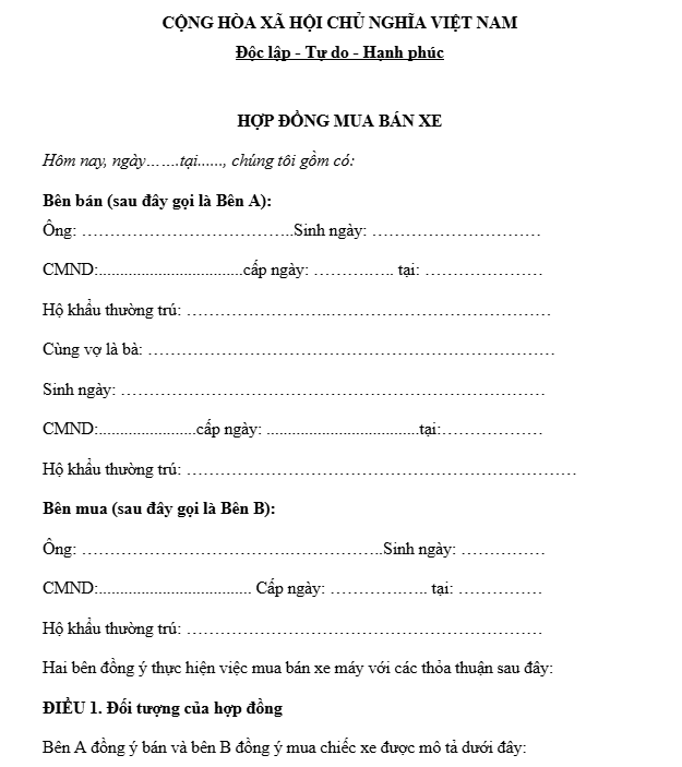 Hợp đồng mua bán xe máy