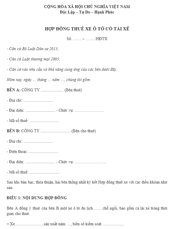 hợp đồng thuê xe ô tô có tài xế