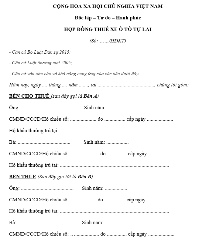 hợp đồng thuê xe ô tô tự lái
