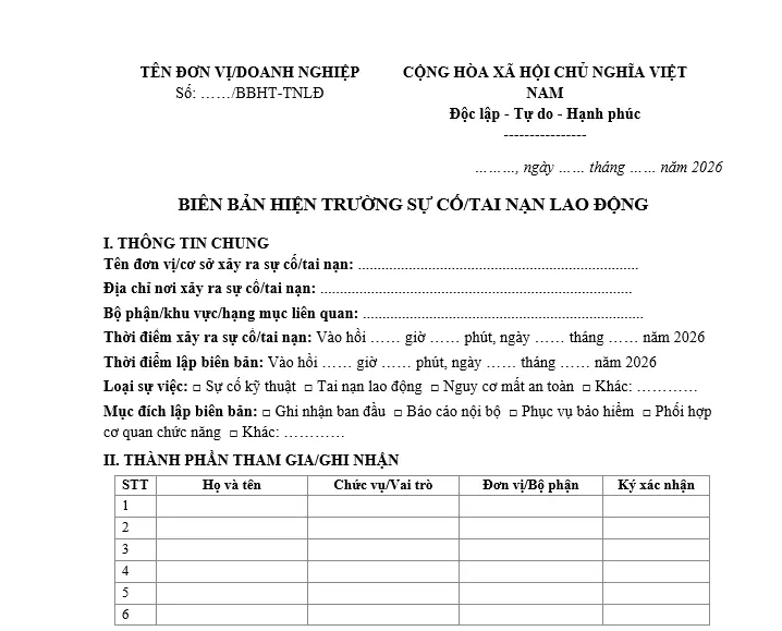 Biên bản hiện trường sự cố/tai nạn lao động