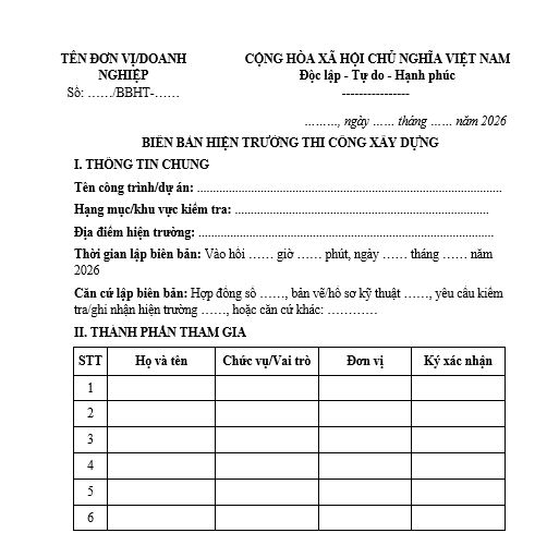 Biên bản hiện trường thi công xây dựng