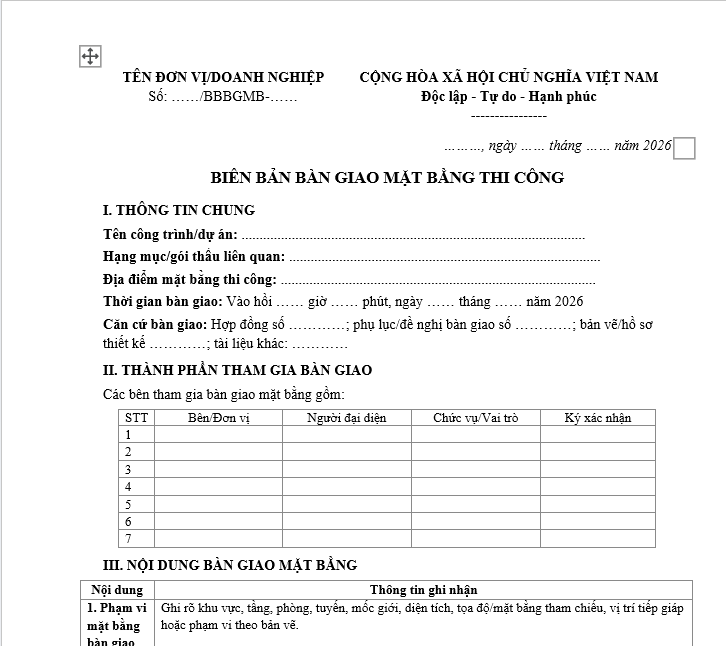 Biên bản bàn giao mặt bằng thi công