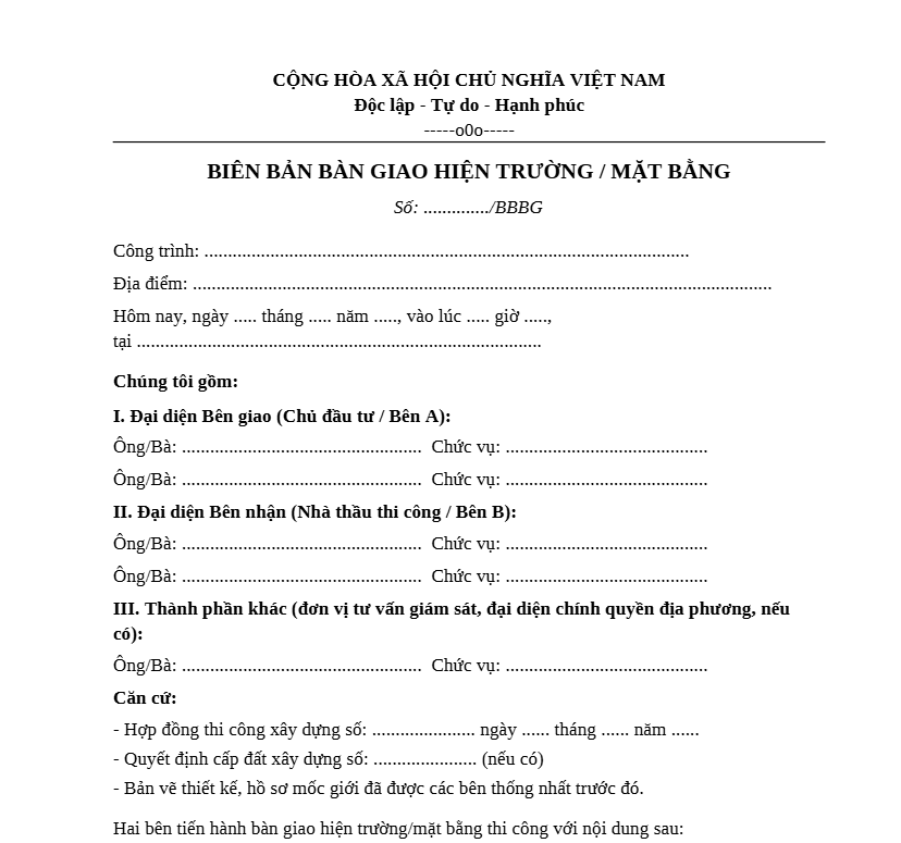 Mẫu biên bản bàn giao hiện trường/mặt bằng