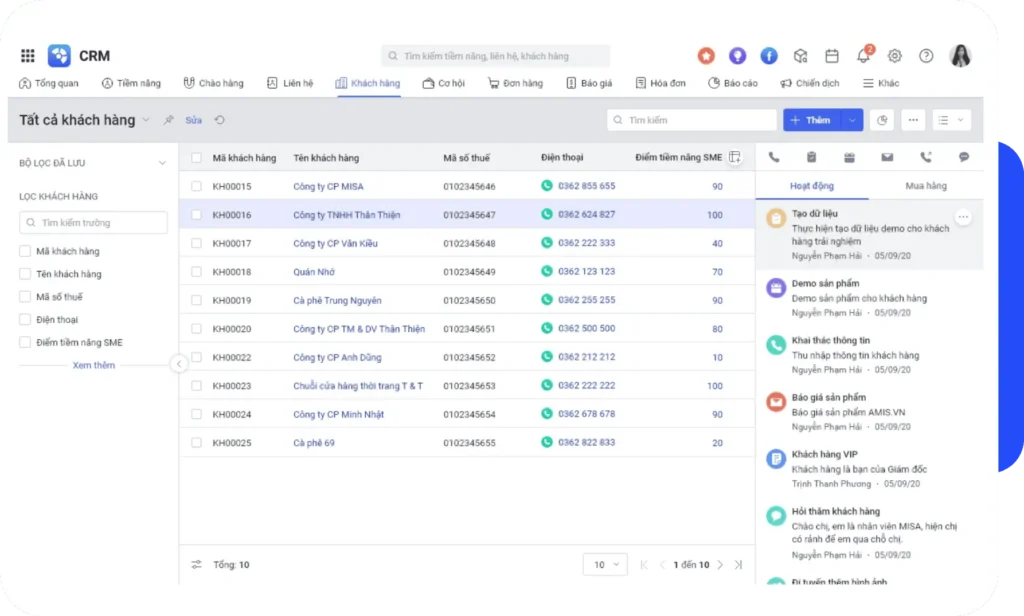 Dữ liệu khách hàng và lịch sử chăm sóc được tối ưu trên giao diện phần mềm MISA AMIS CRM