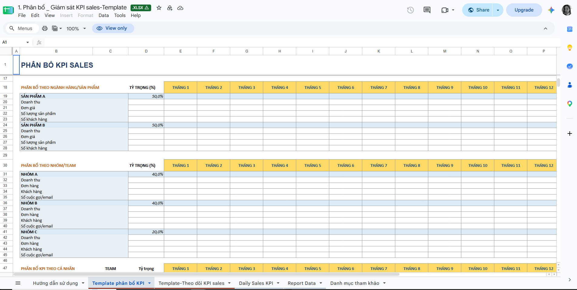 Template phân bổ KPI cho Sales