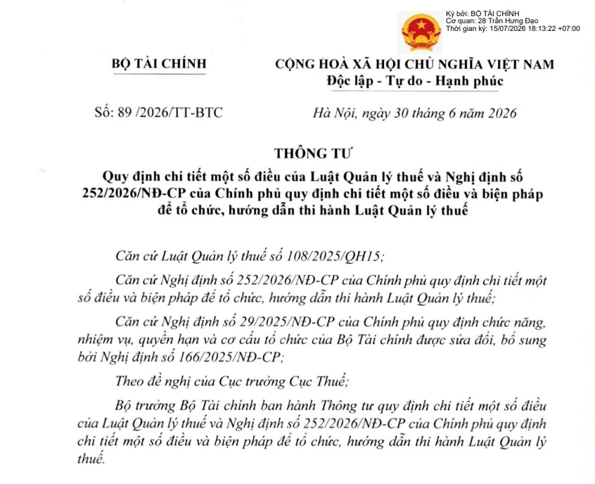 Thông tư 89/2026/TT-BTC thay thế Thông tư 80/2021/TT-BTC hướng dẫn thi hành Luật Quản lý thuế mới nhất