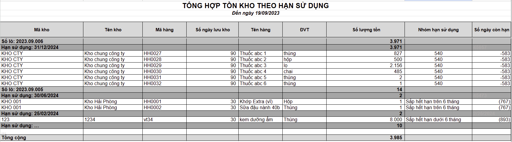 Mẫu báo cáo tồn kho theo hạn sử dụng