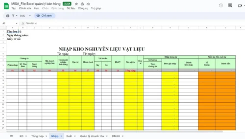 Mẫu nhập kho nguyên liệu vật liệu