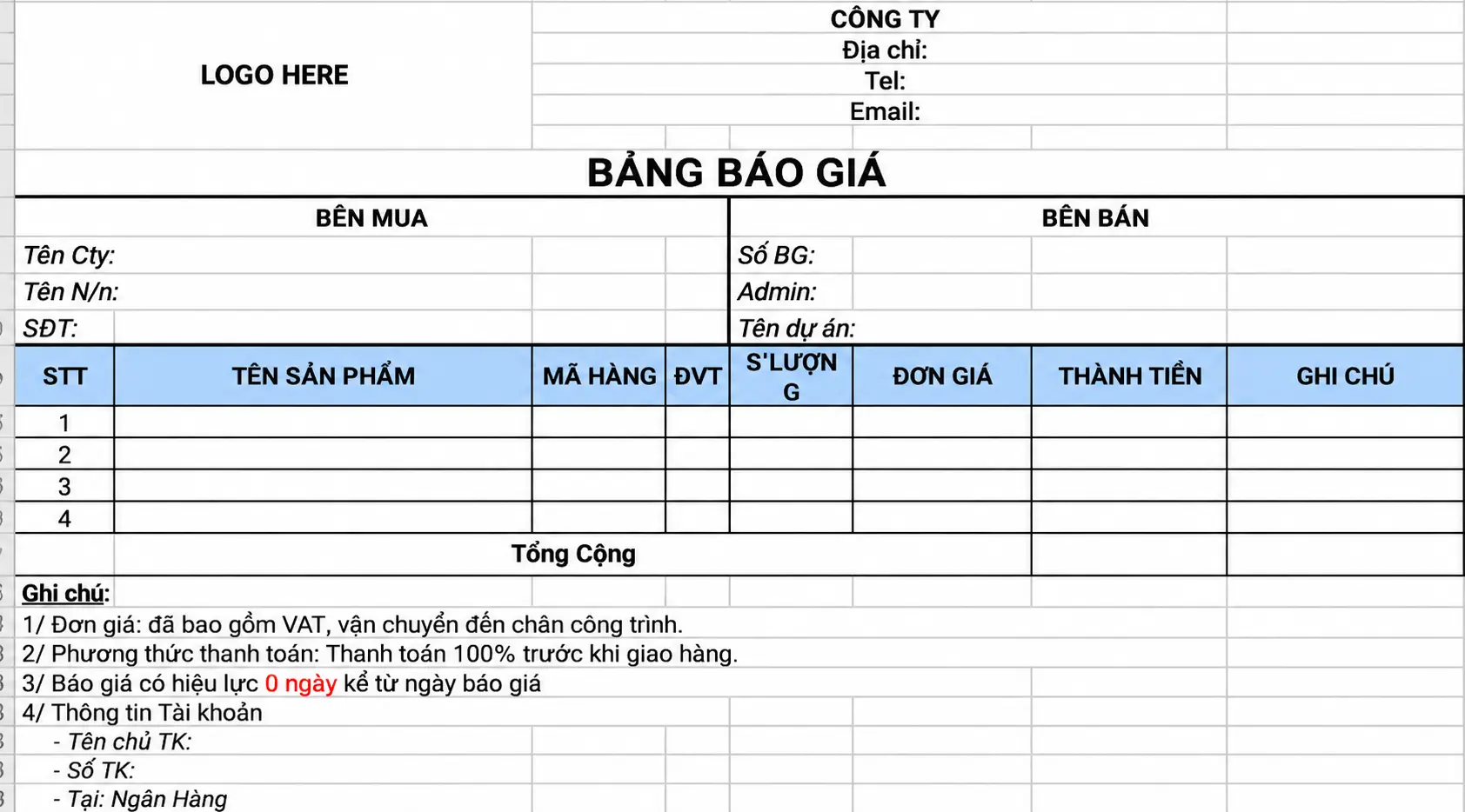 Mẫu bảng báo giá Excel tiếng Việt