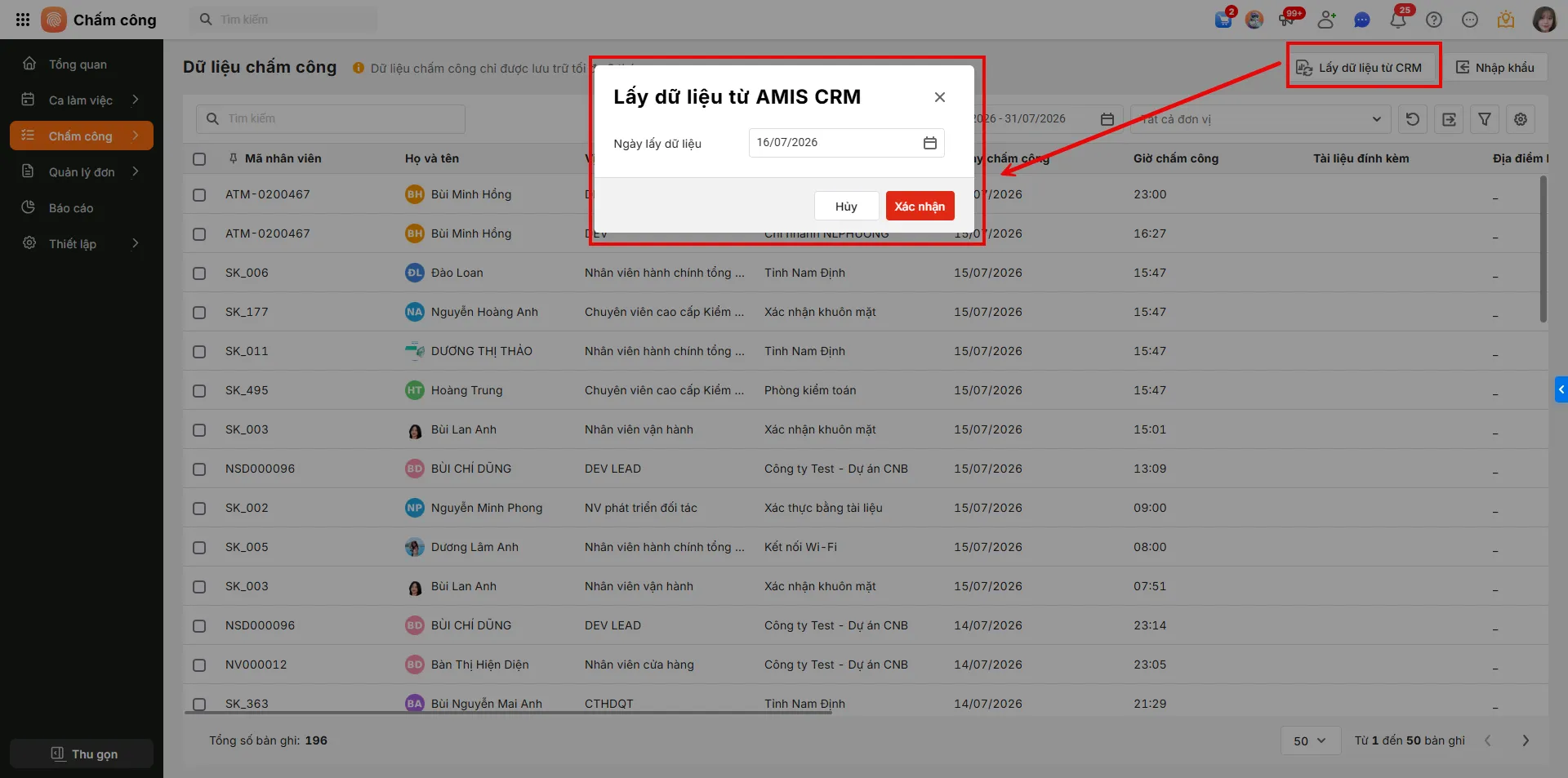 AMIS CRM liên kết dữ liệu chấm công sang AMIS HRM